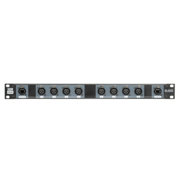 Showgear DS-24F/3 DMX Rack Split Split Box<br/>Geeignet für die Umwandlung von 8 Universen in zwei CAT-Kabel<br/>3-polige XLR-Buchsen und RJ45-Buchsen<br/>19""/1U Rack-Größe<br/>Starkes - zuverlässiges Metallgehäuse