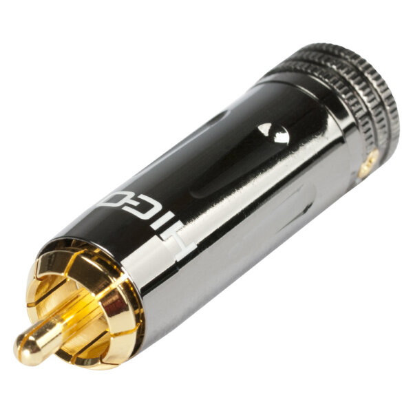 HICON RCA / phono connector, collet lock fixture, 2-pole , metal-, Soldering-male connector, gold plated contact(s), straight, chrome coloured