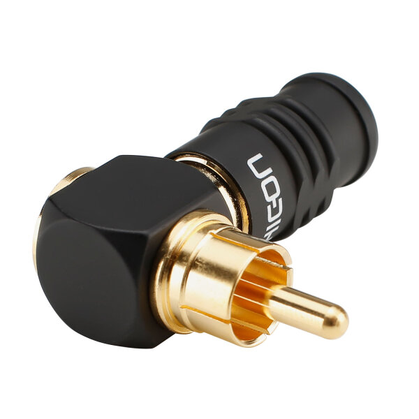 HICON RCA screw & play, 2-pole , metal-, screw-type-male connector, hard gold-plated contact(s), 90° angled, black