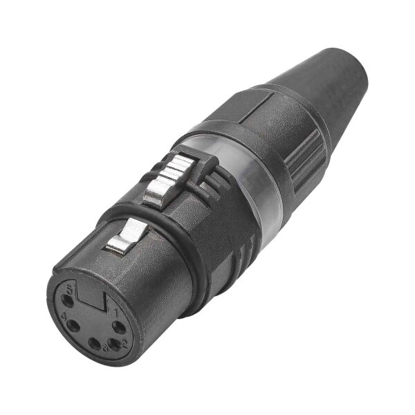 HICON XLR PRO+, 5-pole female, silver-plated contacts, black metal housing, black metal cap, 6-chuck collet strain relief