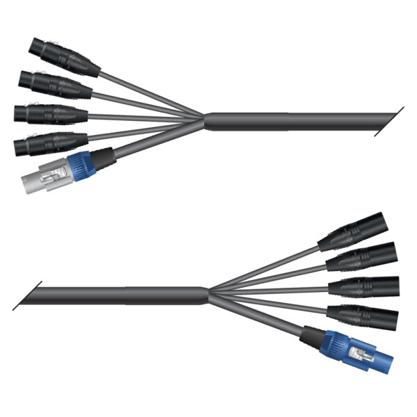 AES / EBU, DMX & Power Looms | 4x XLR 3-pol female NEUTRIK | Powercon grau | 4x XLR 3-pol male NEUTRIK | Powercon blau | Monolith 1,5mm² | 5,00m