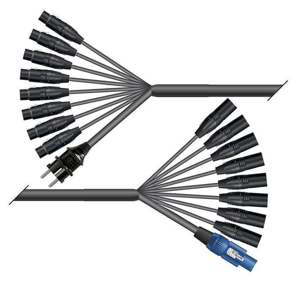 AES / EBU, DMX & Power Looms | 8x XLR 3-pol female NEUTRIK | Schuko-Stecker | 8x XLR 3-pol male NEUTRIK | Powercon blau | Monolith 2,5mm² | 5,00m
